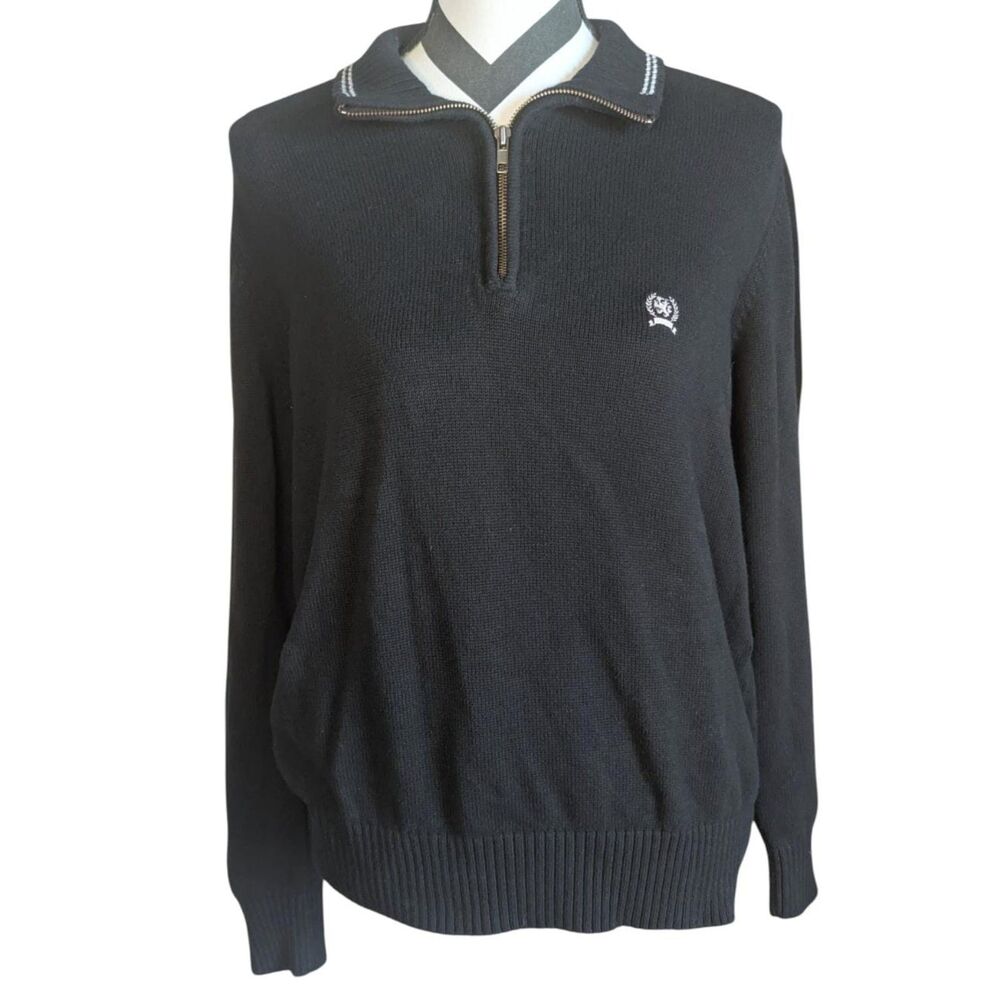 Vintage Tommy Hilfiger Crest 1/4 Zip Pullover Sweater M Men's Black Knit